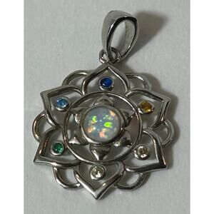Sterling Silver Lotus Mandala Pendant with Opal & Multi-Gem Accents 1"